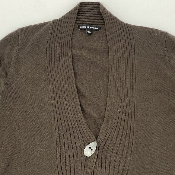 Cable & Gauge Size M Brown Knit Open Front Single Button Shawl Sweater - Picture 3 of 8